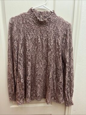 Cable & Gauge Mauve Floral Lace Smocked Mock-Neck Top
